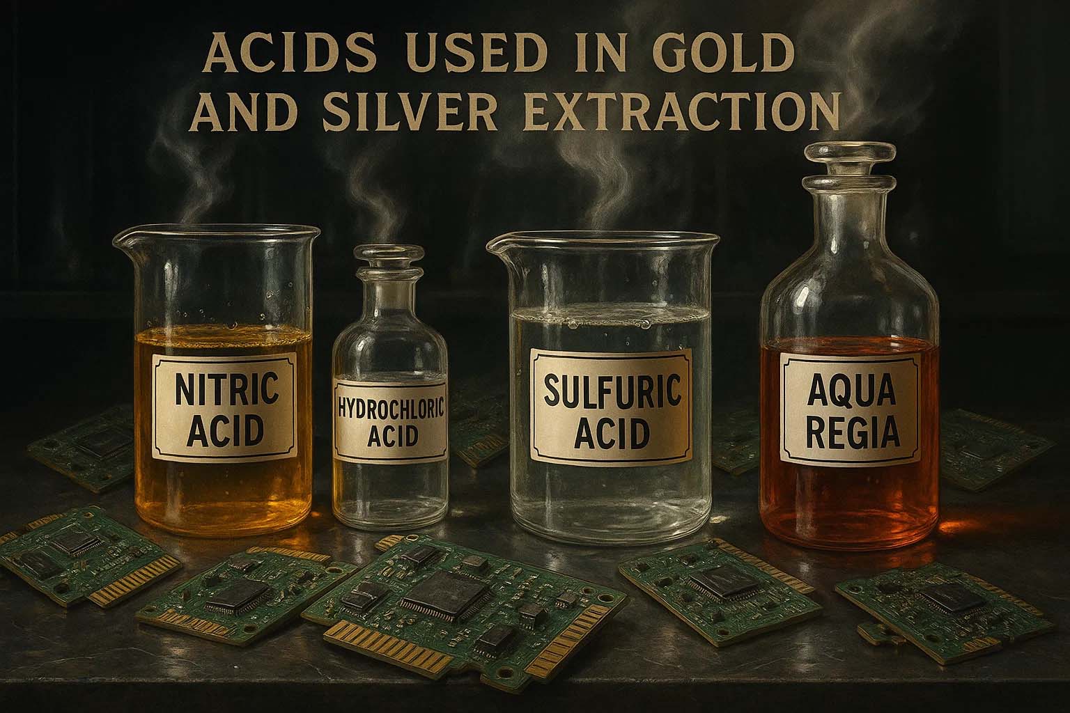 اسید های مورد نیاز برای استخراج طلا و نقره از بردهای الکترونیکی